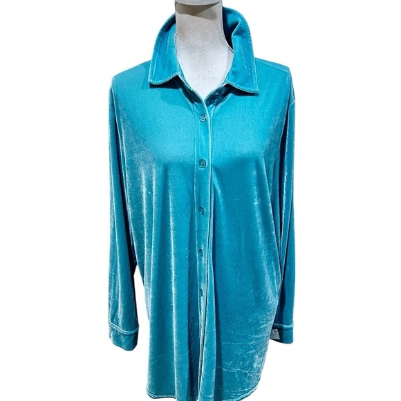 Nwt Soft Surroundings Turquoise Aqua Button-Down velvet Shirt size xl - Picture 1 of 11